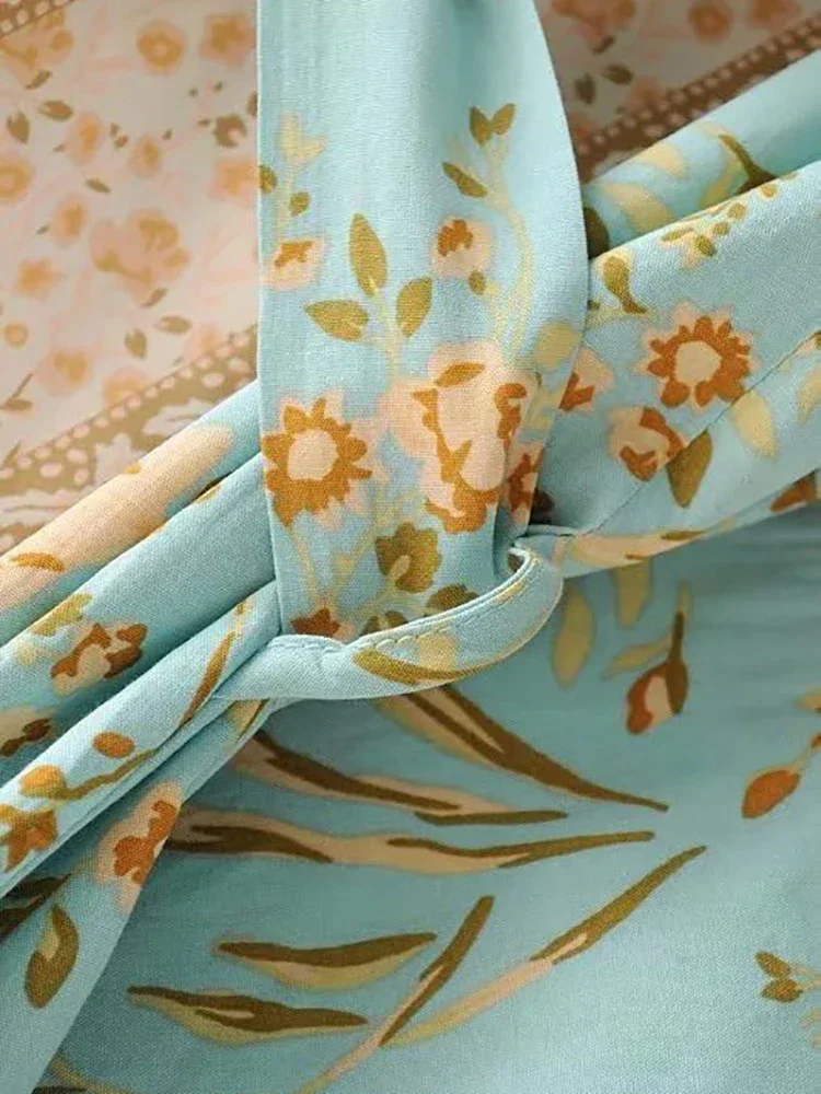 Print Bloemen Strand Kimono Badmode Met Sjerpen Katoen Slank Boheems Vakantie Lang Vest Sexy Groen Cover-Up Sale