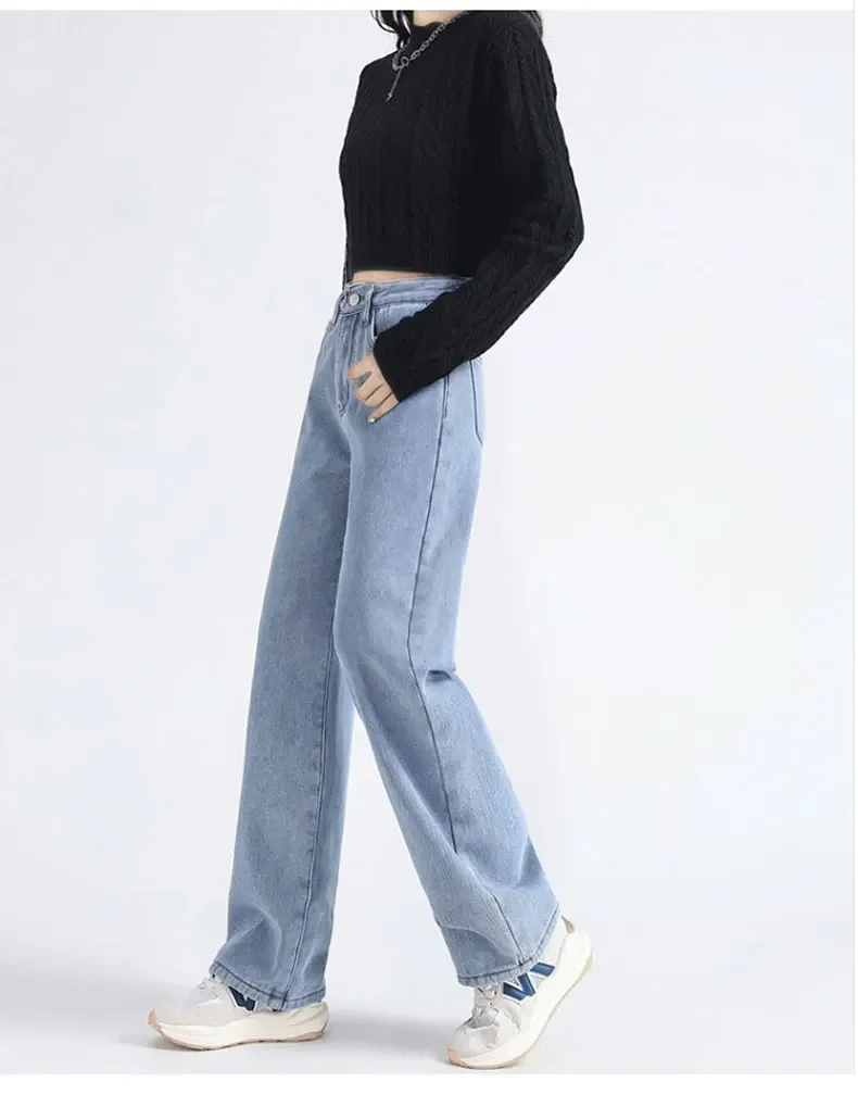 Thicker Jeans Women Wide Leg Winter Warm Leisure Fashion American Style High Street Simple Solid Baggy Maxi Advanced Schoolgirls