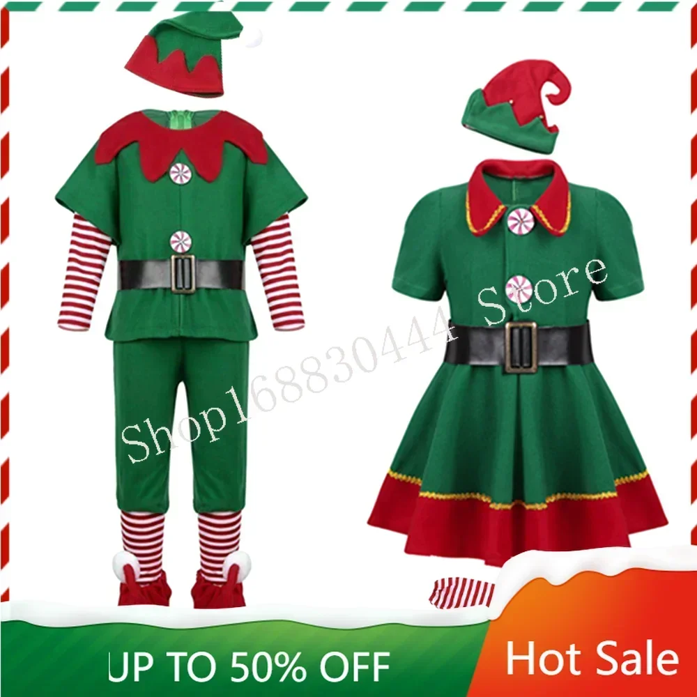 Christmas Santa Claus Costume Green Elf Cosplay Family Carnival Party New Year Fancy Dress Clothes Set For Men Women Girls Boys