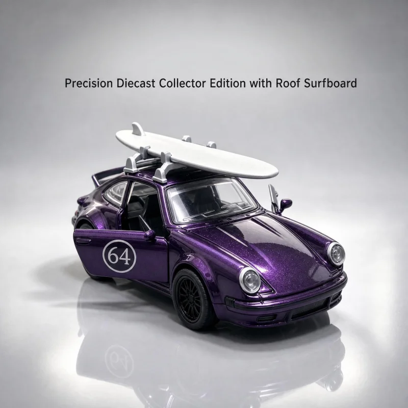 Retro Style Alloy Diecast Vehicle, Mini Sports Car with Surfboard, Pull Back, Open Doors, Office Desktop Ornament, Hobby Collect