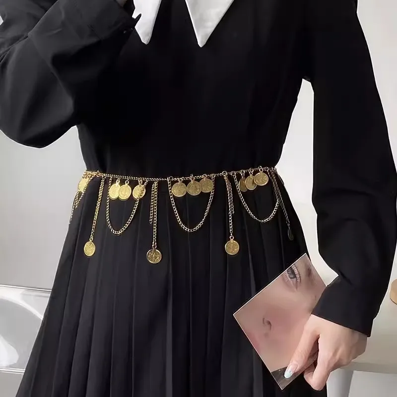 Women's Fashion Gold Silver Metal Chain Corset Female Cummerbund Coat Waistband Dress Decration Narrow Belt J489