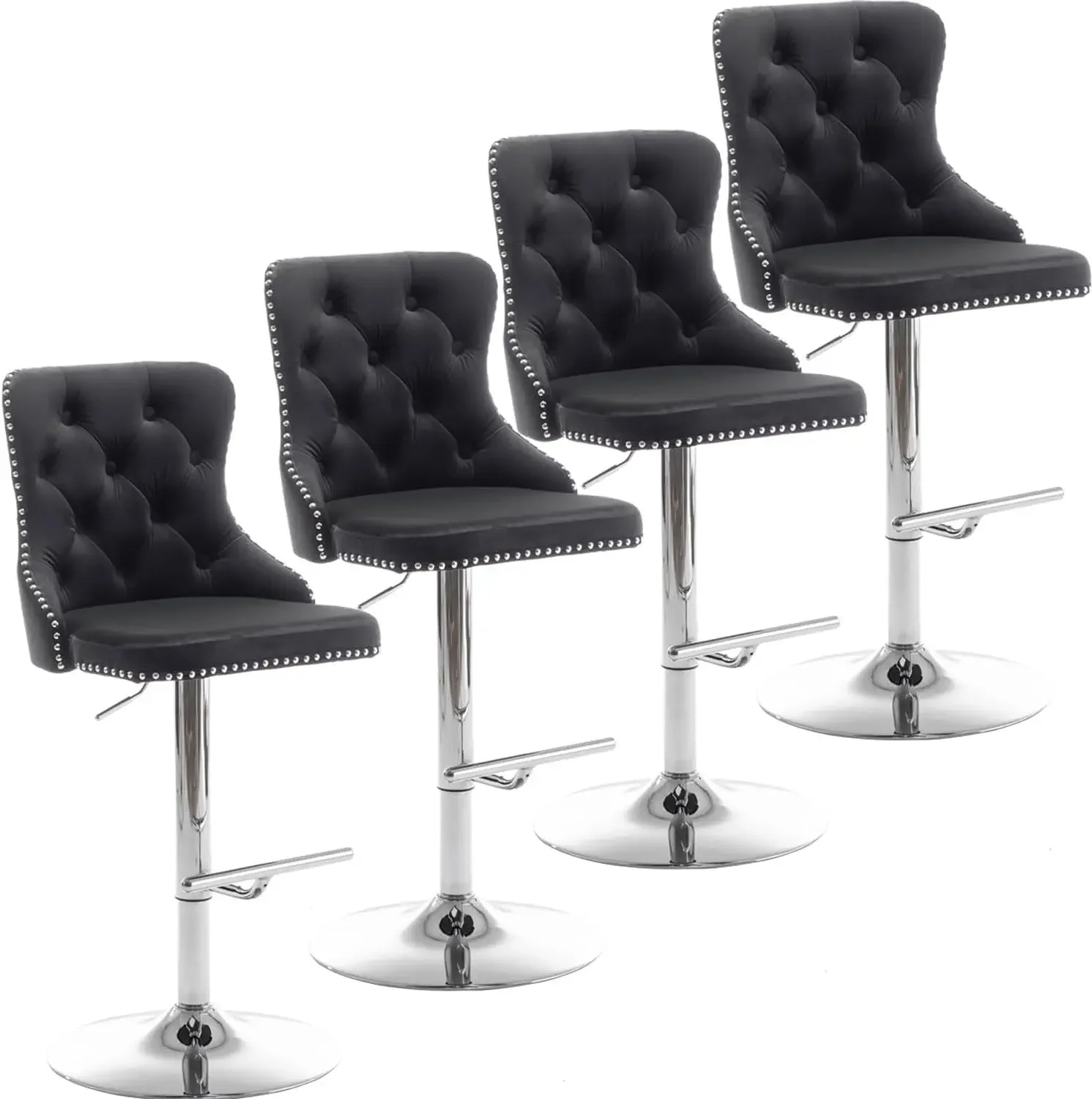 Velvet Bar Stools Set of 4, Swivel Counter Height Bar Stools with Nailheads Trim and Button, Adjustable Barstools for Kitchen Is