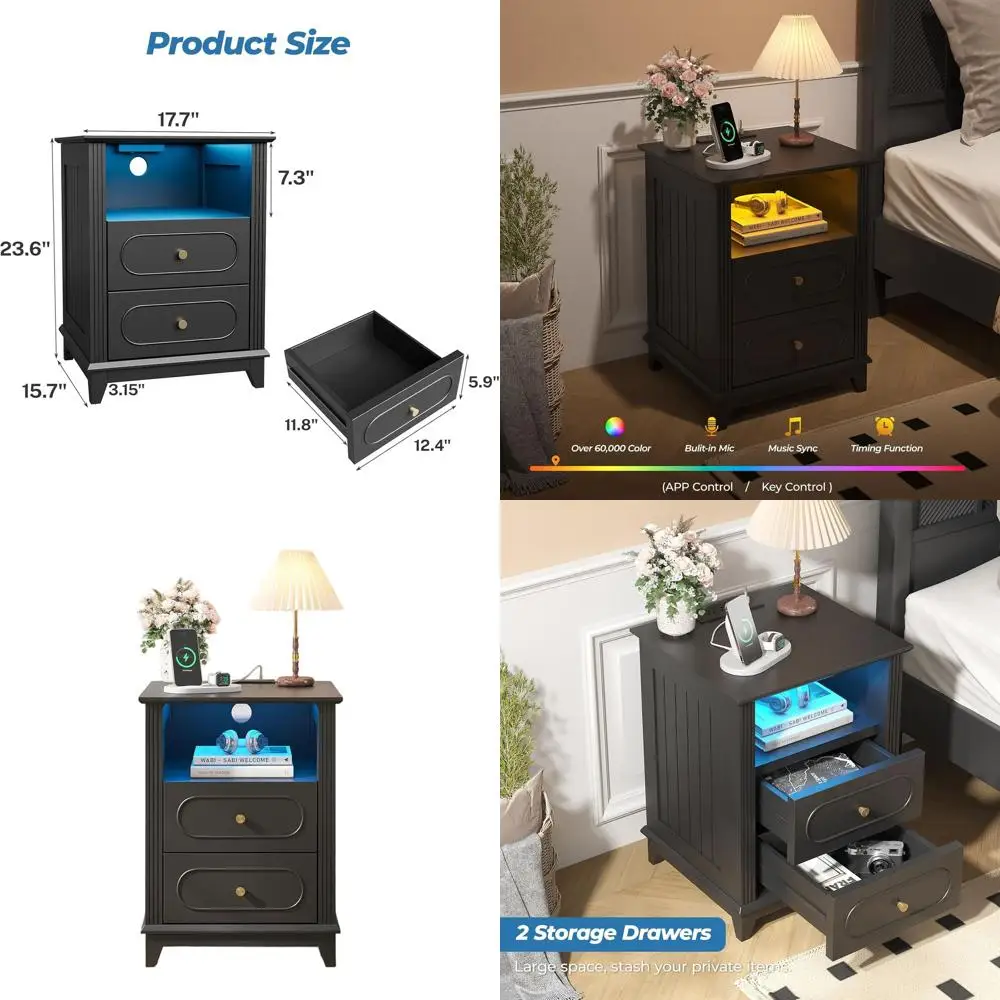 

LED-lit Charging Nightstand with 2 Drawers and Storage Shelf, 17.7W x 15.7D x 23.6H Wooden Bedroom Cabinet