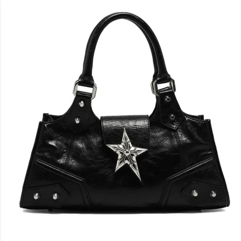 

Y2k Punk Tote Bags Locomotive Five Point Star Handbag Women PU Leather Chain One Shoulder Cool Girl Large Capacity Crossbody Bag