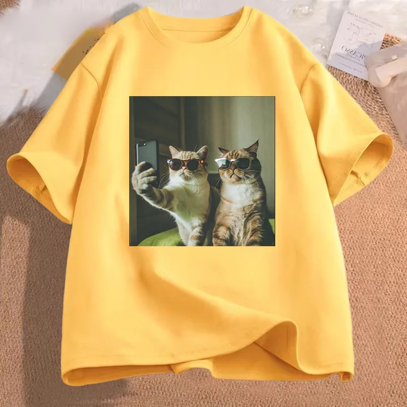 Selfie Cats With Sunglasse Men Front Print T Shirt Funny Kitten Graphic Tee Casual Short Sleeve Top Cool Gift For Cat Enthusiast
