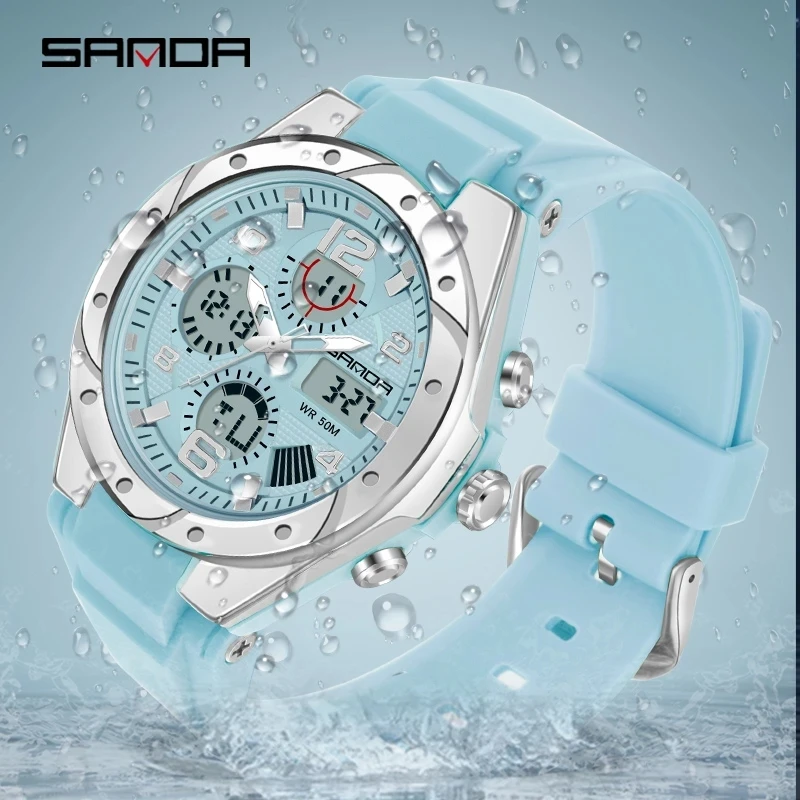 

Fashion Sky Blue Watch For Women Sanda Top Brand Analog Led Digital Unisex Wristwatch 2023 Resin Bandwatch Men Luminous Stop