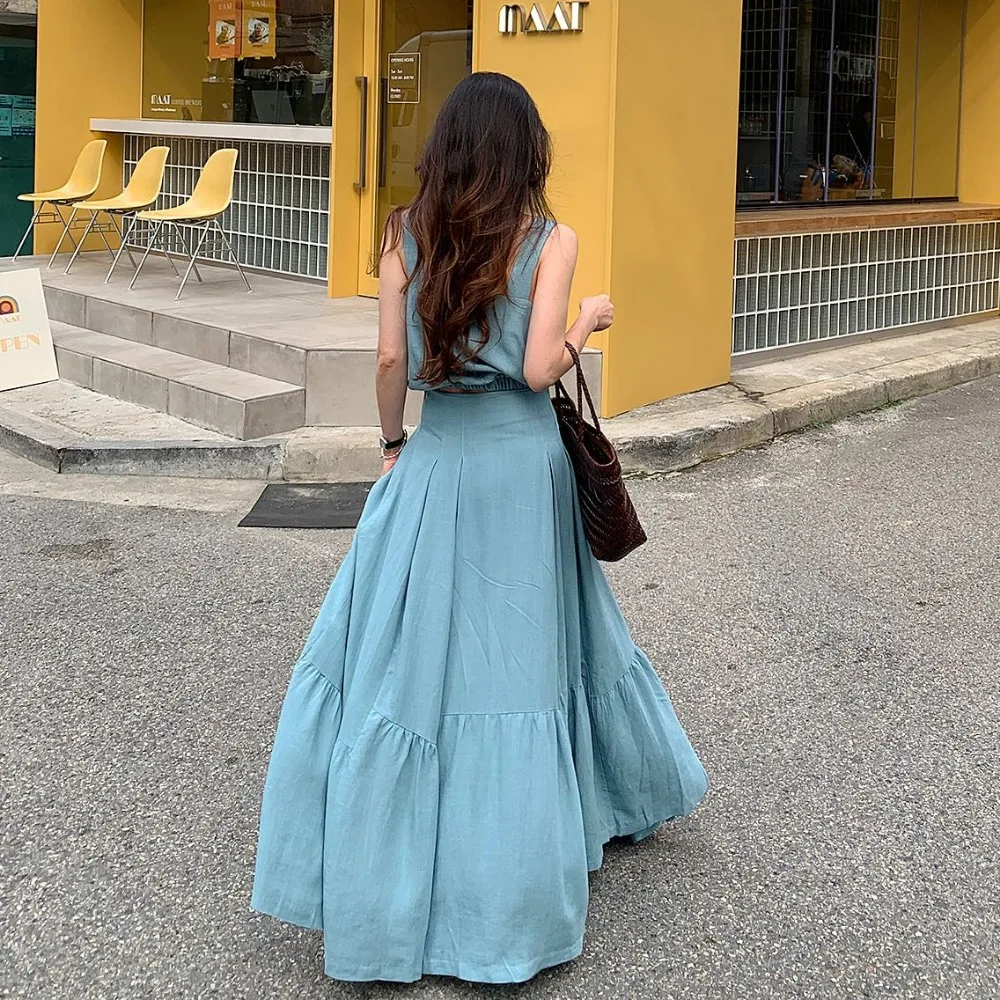 Feminino verão vintage férias saia combinando conjunto 2 duas peças conjuntos gola quadrada colheita topos e saias de bandagem de cintura alta 2025