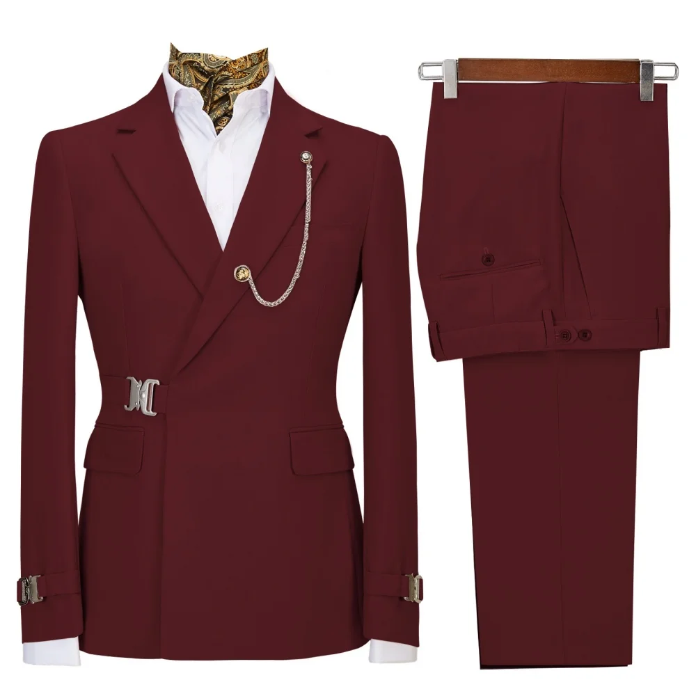 Men's Suits 2 Pieces Peaked Lapel Mental Bunckle Buiness Slim Fit Wedding Men's Suits Groomsmen(Blazer+Pants)