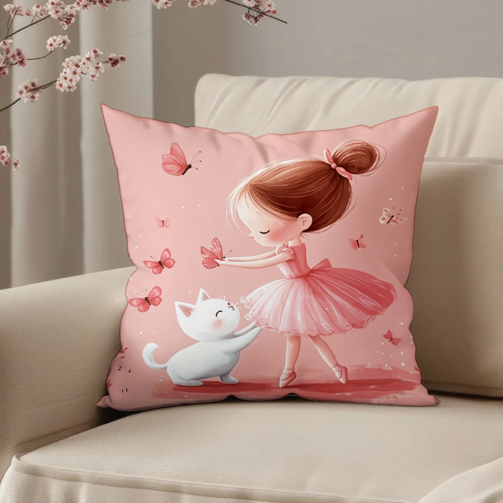 Square Throw Pillow Case Pink Cute Ballerina Girl And White Cat Butterfly Print For Bedroom Living Room Sofa Home Decor
