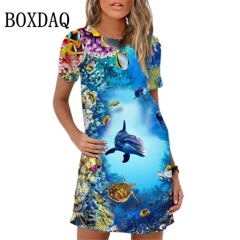 New Summer Women Dress 3D Print Mermaid Pattern Elegant Sweet A-line Dress Loose Beach Casual Short Sleeve Oversize Ladies Dress