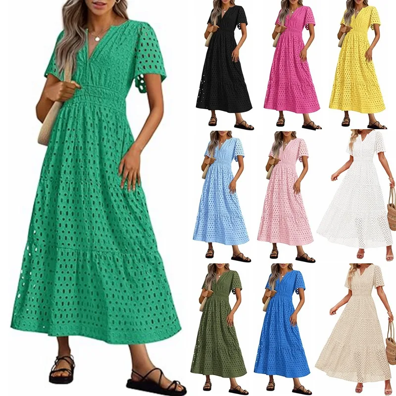 

2025 European and American Women's Clothing V-neck Hollow Hole Eye Pleated Short-sleeved Long Dress