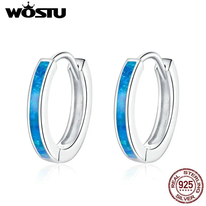 WOSTU Real 925 Sterling Silver Simple Opal Hoop Earrings Blue Circle Earrings For Women Original Silver 925 Jewelry CQE992