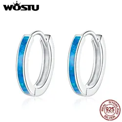 WOSTU Real 925 Sterling Silver Simple Opal Hoop Earrings Blue Circle Earrings For Women Original Silver 925 Jewelry CQE992