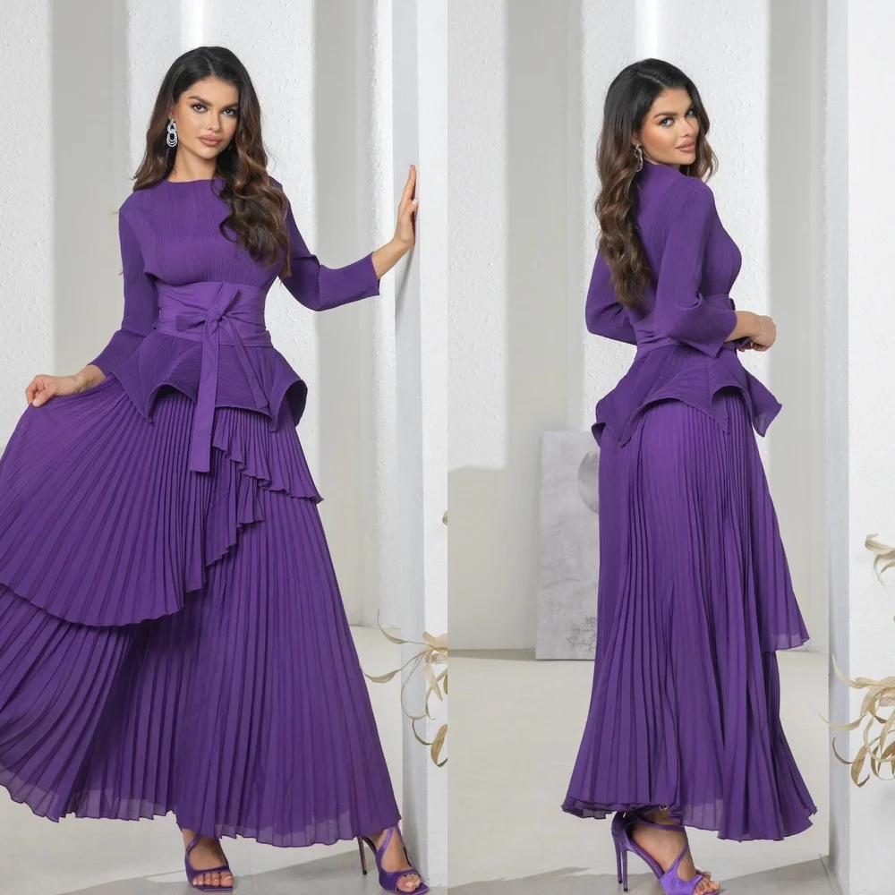 

Jersey Pleat Draped Sash Valentine's Day A-line O-Neck Bespoke Occasion Gown Midi Dresses