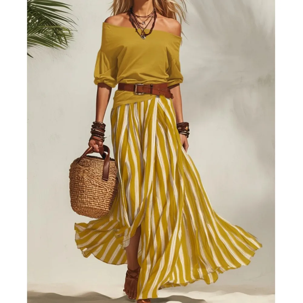 Women 2 Piece Sets One-piece Collar Quarter Sleeves Blouse High Waist Split Skirt Striped Long Skirt Summer Casual Leather Belt