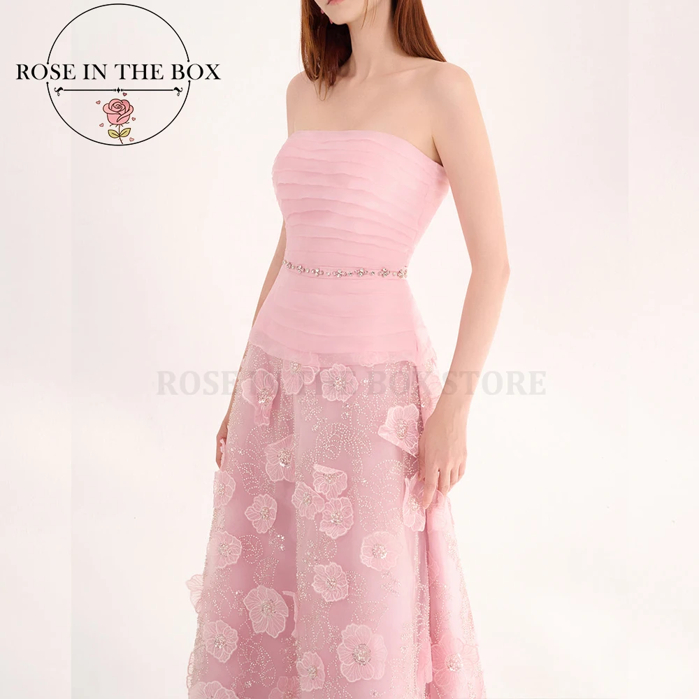 ROSEINTHEBOX Customized Pink Strapless A-line 3D Floral Evening Dresses Romantic Formal Dress Long Prom Dress for Christmas