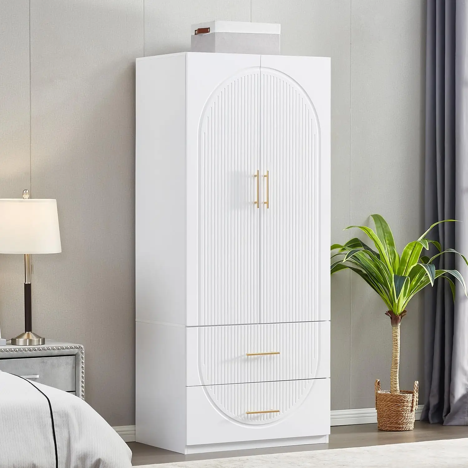 Armoire Wardrobe Closet, Wooden 2-Door 2 Drawers White Closet Wardrobe for Large Capacity, Armoire Closet Cabinet