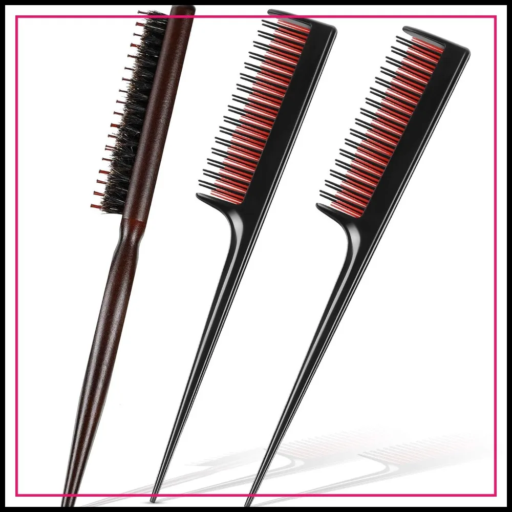3-Piece Hair Teasing Comb Set with Boar Bristle Brush and Triple Combs for Volume and Styling