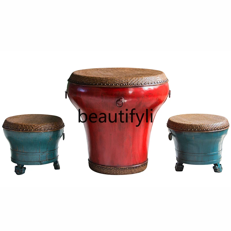 New Chinese Style Retro Vintage Ornament Flower Pot Drum Coffee Table Drum Round Kung Fu Tea