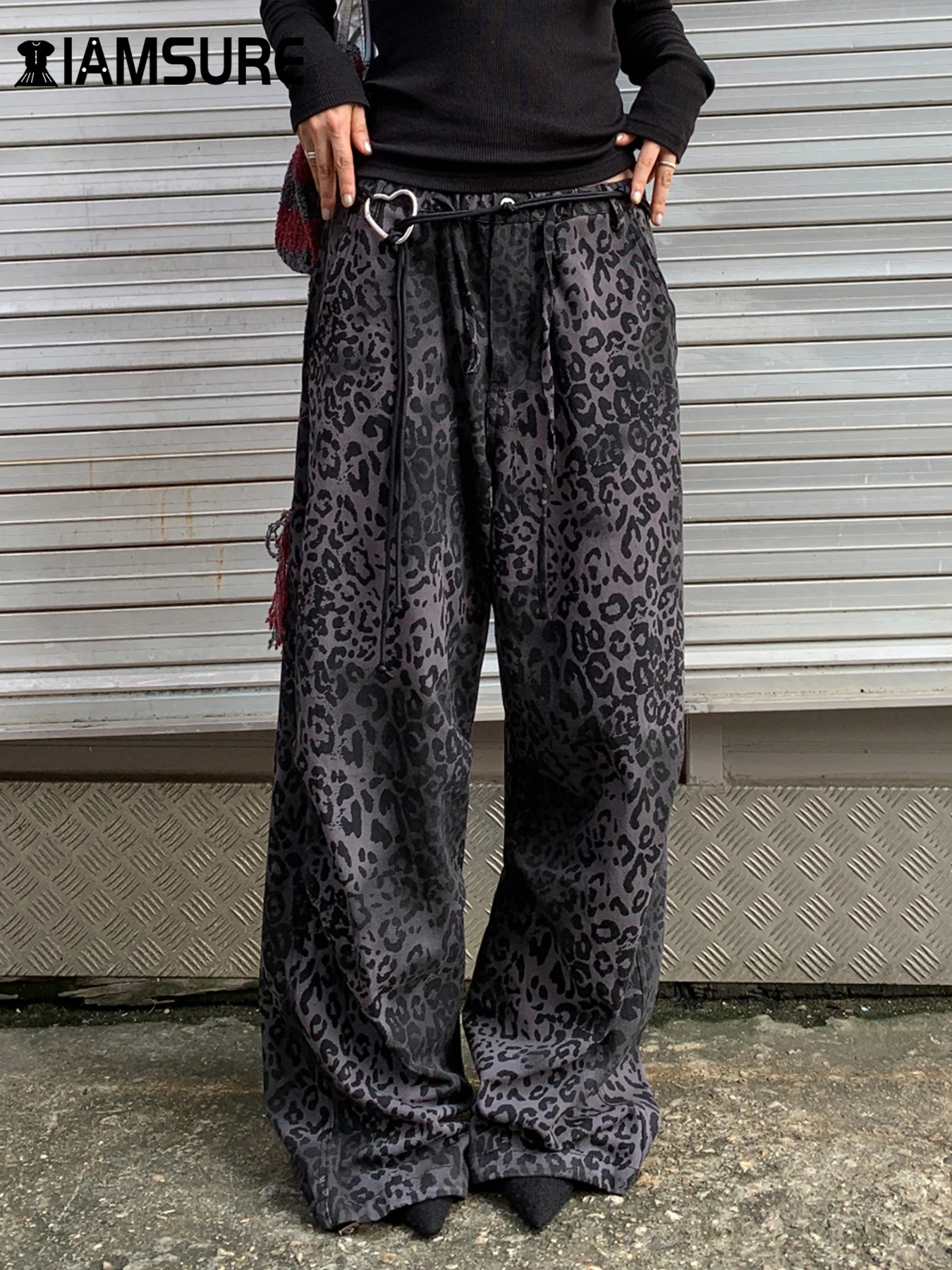 IAMSURE Casual Leopard Printed Pants Women Y2K Loose Mid-Waisted Wide Leg Pants Women 2024 Autumn Spring Fashion Streetwear Lady