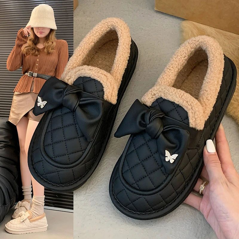 Sepatu sandal kasual wanita, musim dingin sepatu loafer wanita bulu musim gugur kasual Wanita Slip-on Bow-Knot jatuh Moccasin Slip On kupu-kupu baru simpul kupu-kupu