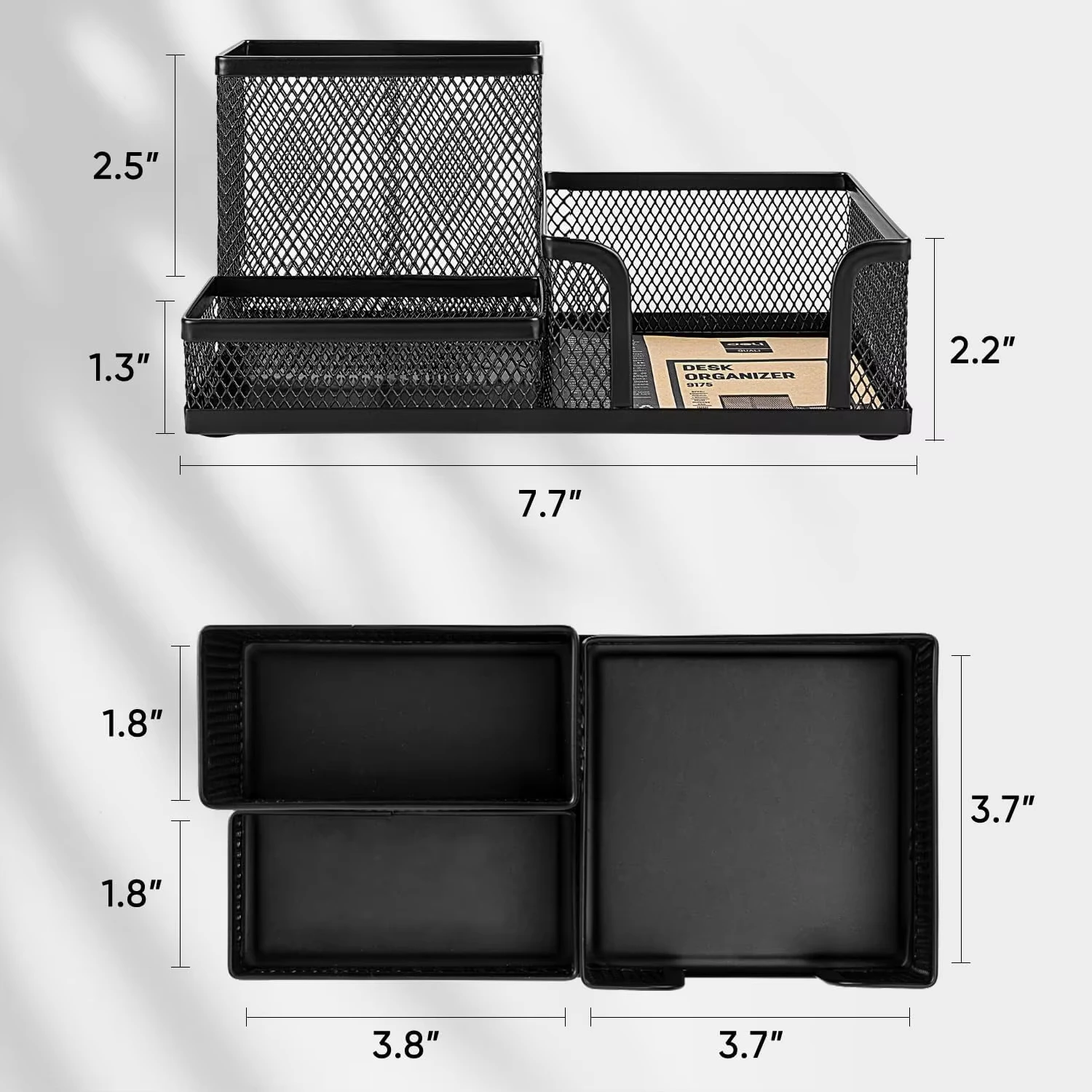Organizador de mesa de malha, material de escritório, caddy com suporte de lápis e cestas de armazenamento para acessórios de mesa, 3 compartimentos, preto