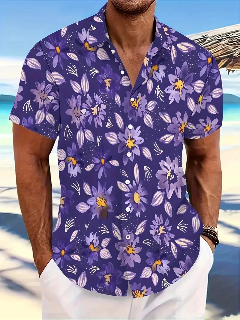 Camisa de lapela masculina verão praia manga curta ao ar livre camisa diária topos padrão impresso floral grande oversize solto roupas masculinas