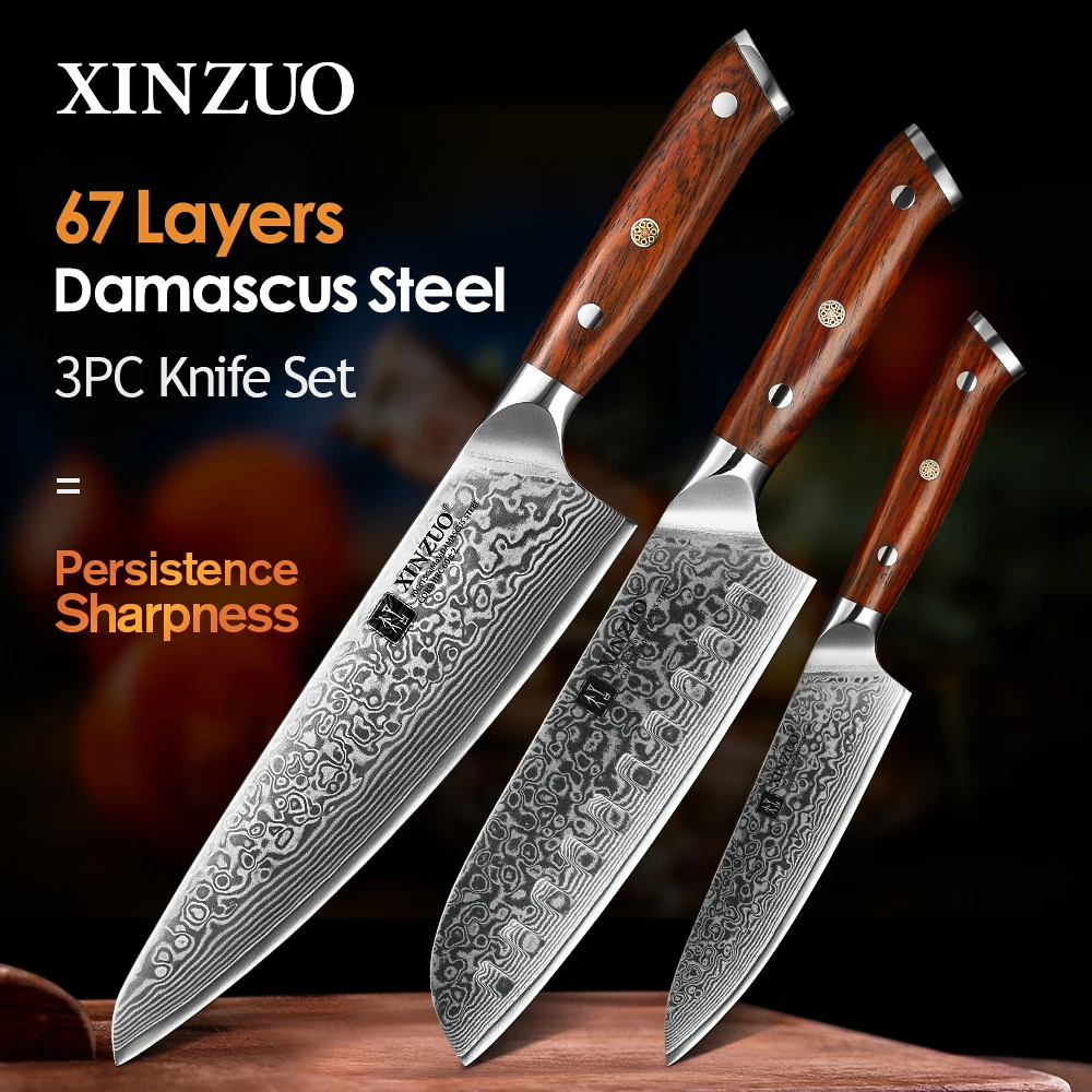 XINZUO 1-3 szt. Zestaw noży kuchennych 67 warstw stal damasceńska wysokowęglowa Chef Santoku noże uniwersalne uchwyt z palisandru narzędzia kuchenne