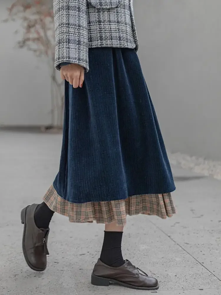 Retro Corduroy A-shaped Skirt Women's Autumn and Winter New Design Sense Niche Plaid Skirt