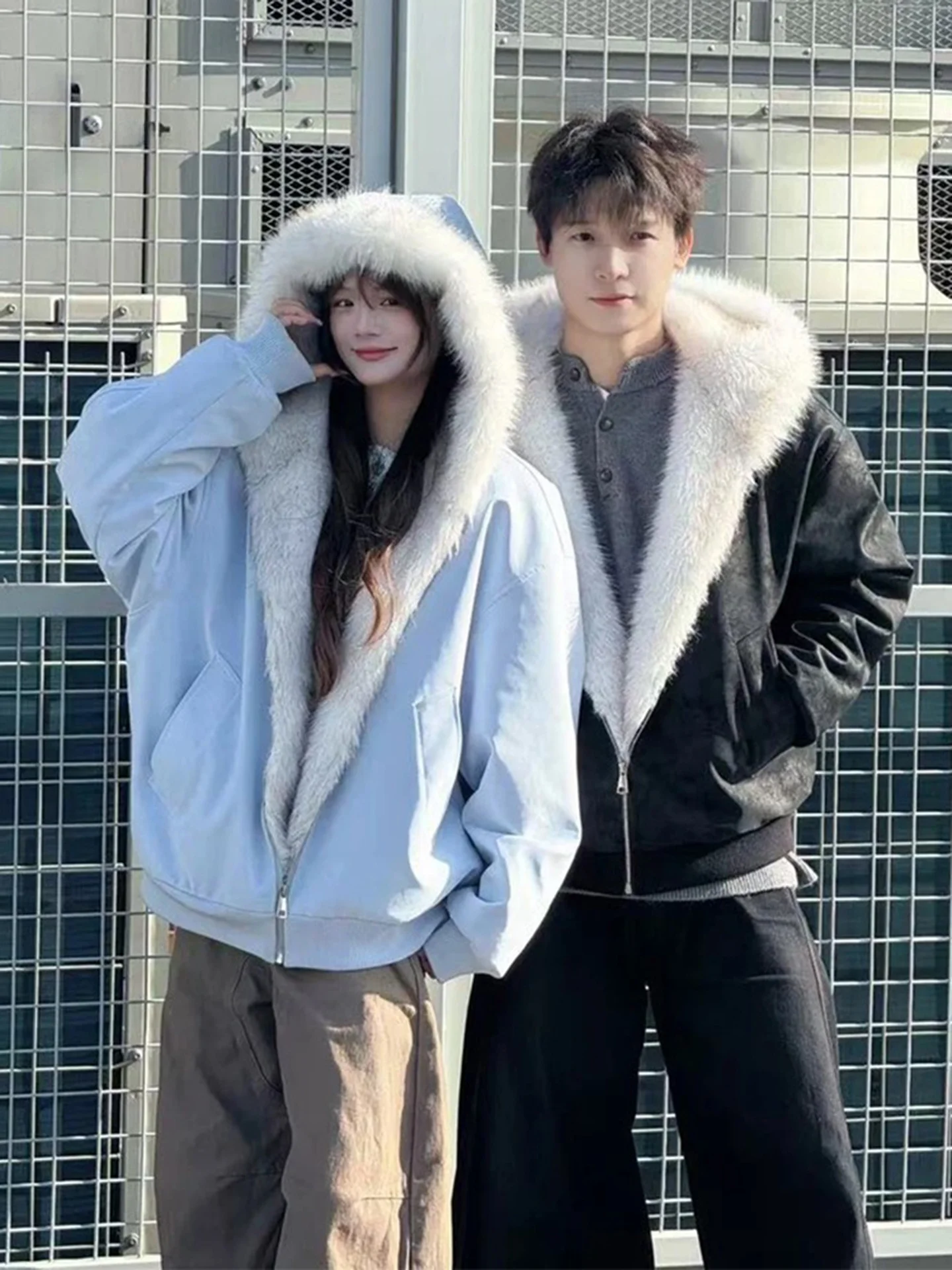 

American Sle Hooded PU Leather Cotton Jaet ort Thiened Women's Winter Warm Couple's Clothing Casual Commute Sle