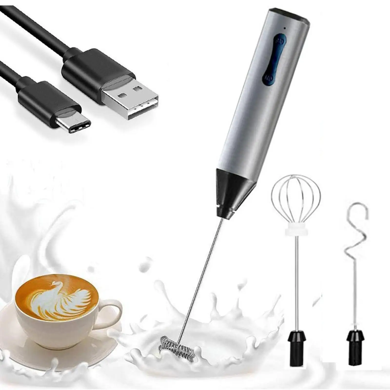 

Portable Milk Frother Egg Beater USB C Rechargeable 2 Speeds with 3 Mixing Heads Whisk mixer Blender for Egg Latte Matcha