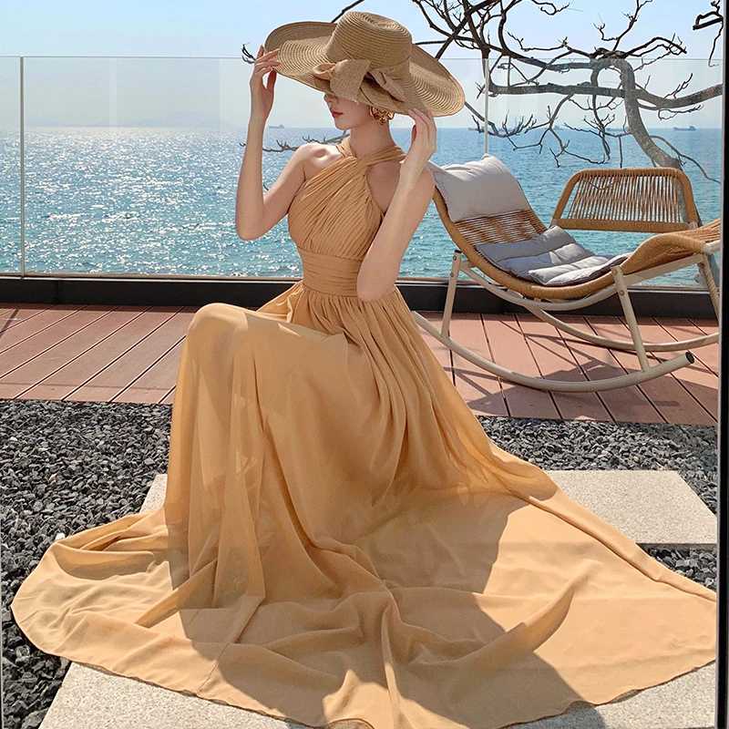 فستان صيفي فرنسي جديد أنيق للحفلات الراقصة فستان نسائي عتيق بدون أكمام مكشوف الأكتاف مثير بدون ظهر للعطلات فساتين ميدي