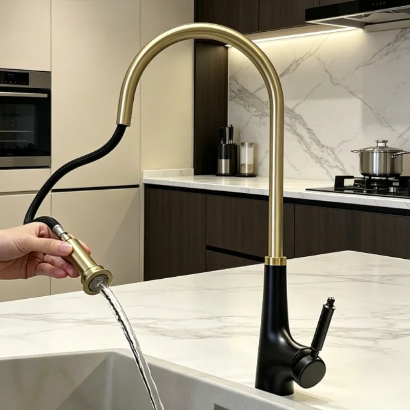 Kitchen faucet，light luxury pull-out kitchen faucet hot and cold water type household extension anti-splash two-in-one sink Tap