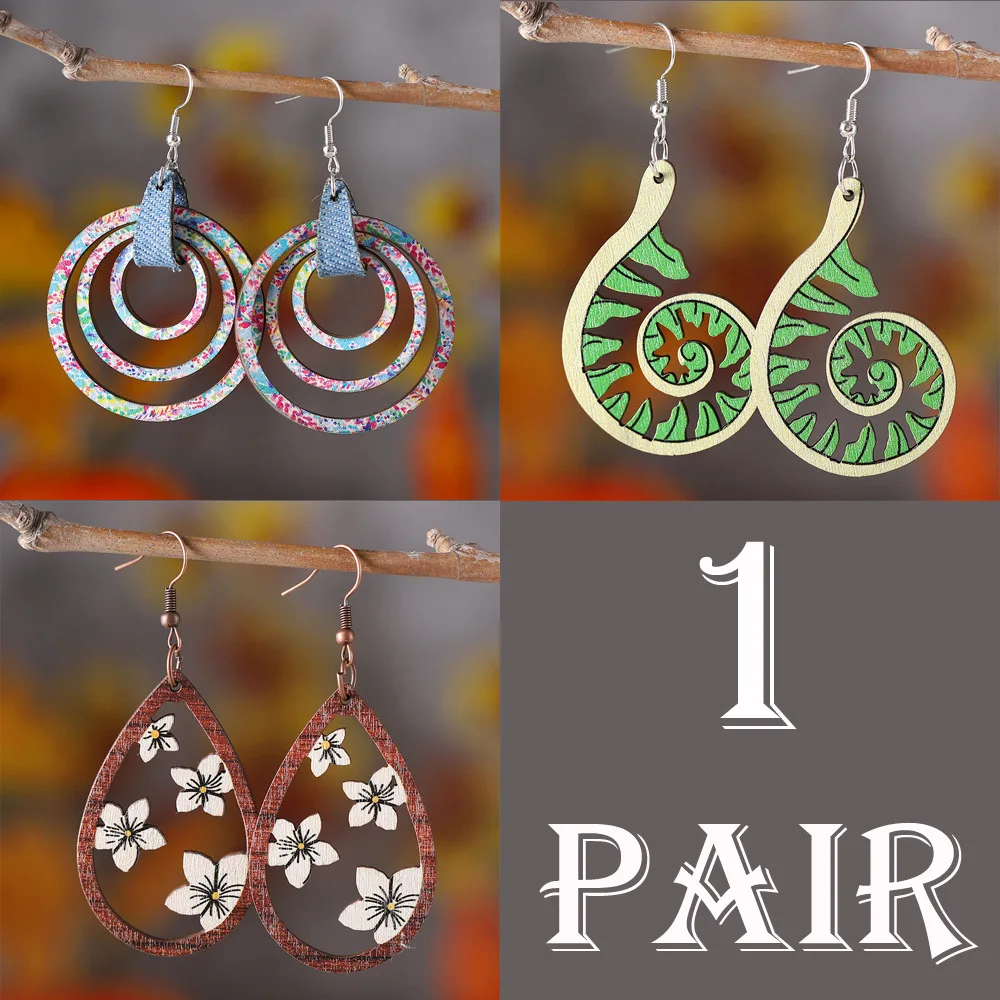 new bohemian hollow flower water drop painted ring spiral pendant earrings wooden double-sided earrings
