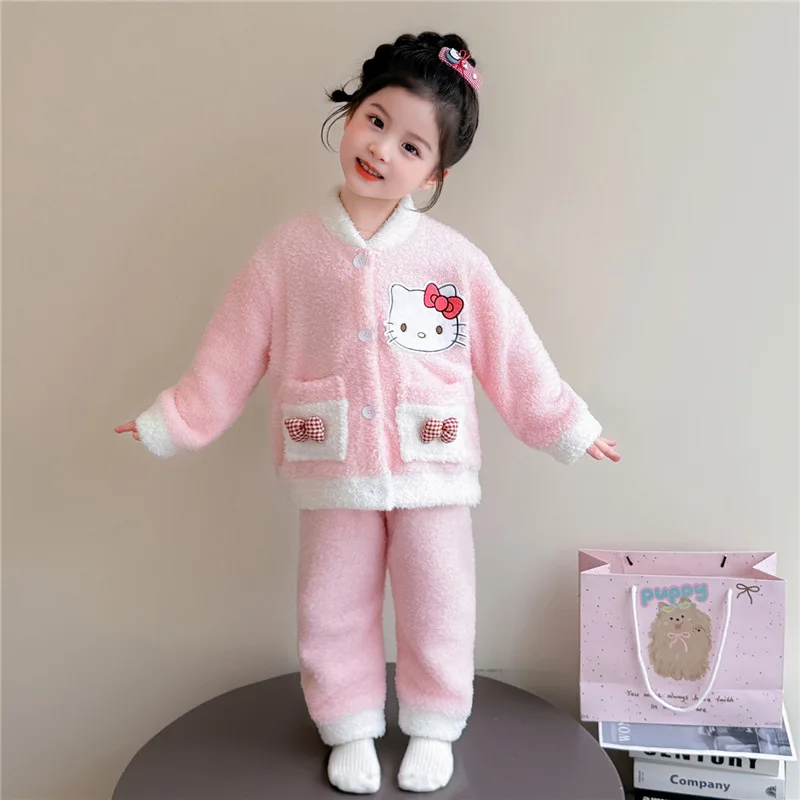 

Kawaii Sanrio Hello Kitty Girls Sleepwear Winter Children's Girls' Home Clothes Warm Set Sleepwear Winter Two Piece Set Gifts