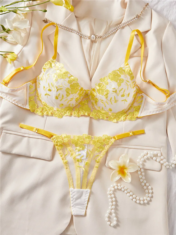 

Сексуальное женское белье, женский однотонный модный бюстгальтер и трусики, комплект с кружевной вышивкой и цветами, бесшовные экзотические комплекты, желто-красное нижнее белье, интимное белье