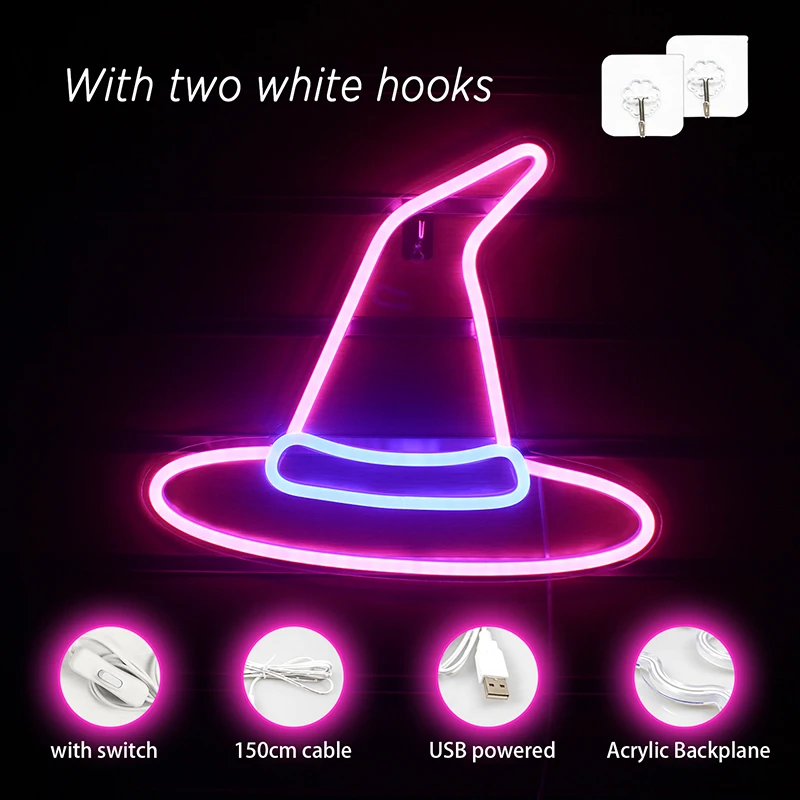 Imagem -06 - Witch Hat Neon Sign Led Room Wall Decor Usb Powered Pendurado Acrílico com Interruptor para Quarto de Crianças Shop Art Logo Decor para Festa