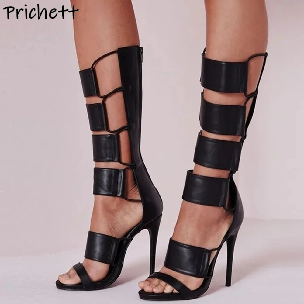 

Black Hollow Leather Summer Boots Straight Strap Thin Heels Back Zipper Sexy Women's Shoes Stiletto Knee High Boots Sandals