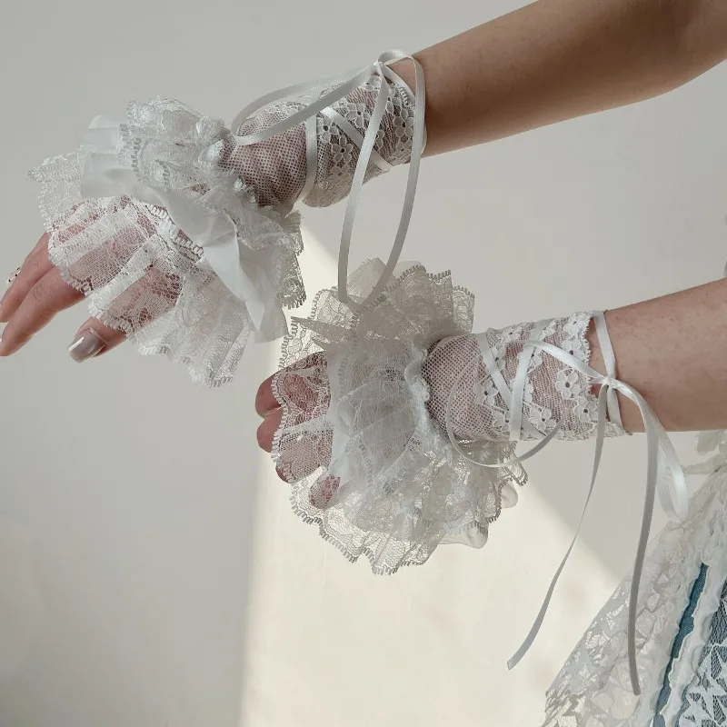 Sweet White Lace Fingerless Gloves Short Hand Sleeve Wrist Cuff Y2K Gothic Lolita Accessories Ruffled Floral Bow Ribbon Gloves
