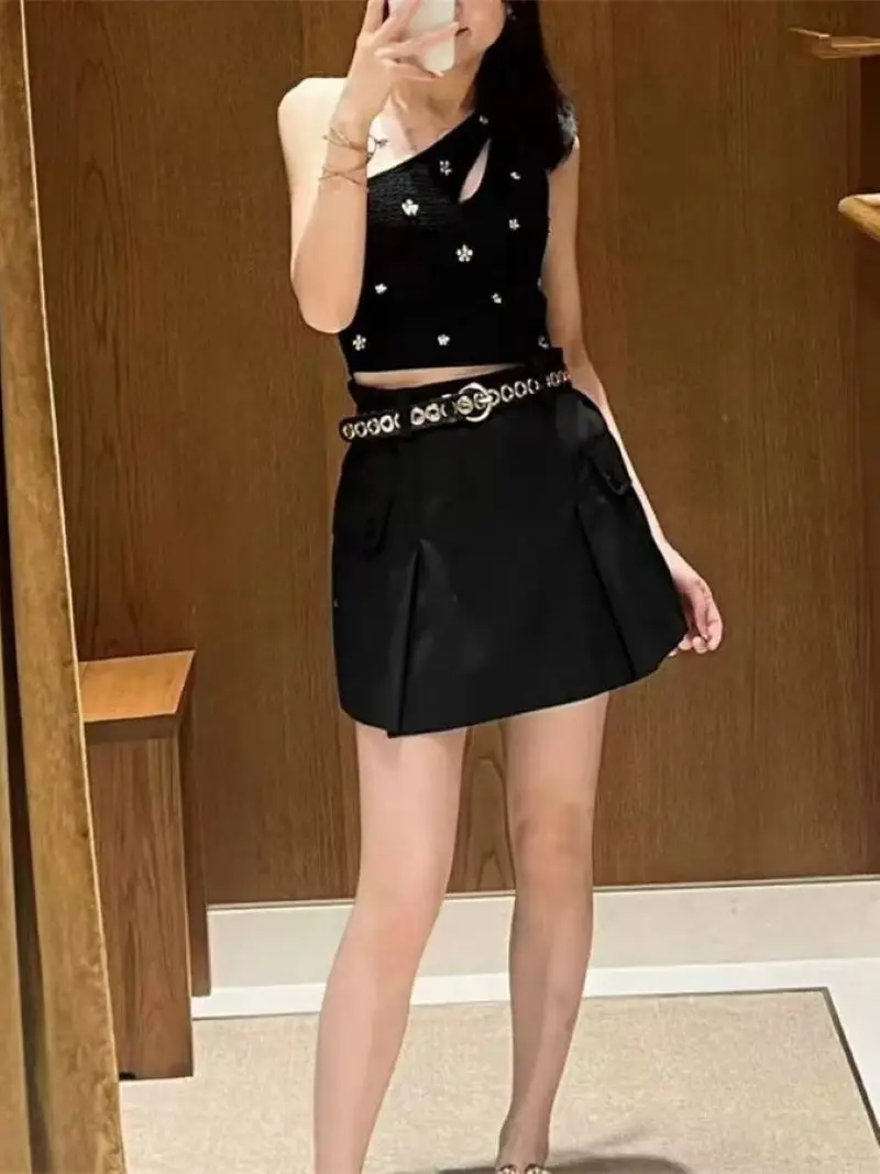 Women Black Mini Skirt High Waist A-Line Large Pockets Elegant Autumn 2024 Jupe