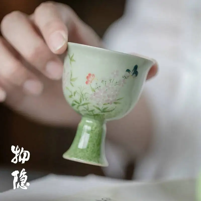 Wuyintang fruit Green Underglaze Powder Color Hand Painted Butterfly High Footed Master Household Chinese Kung Fu Tea Cup