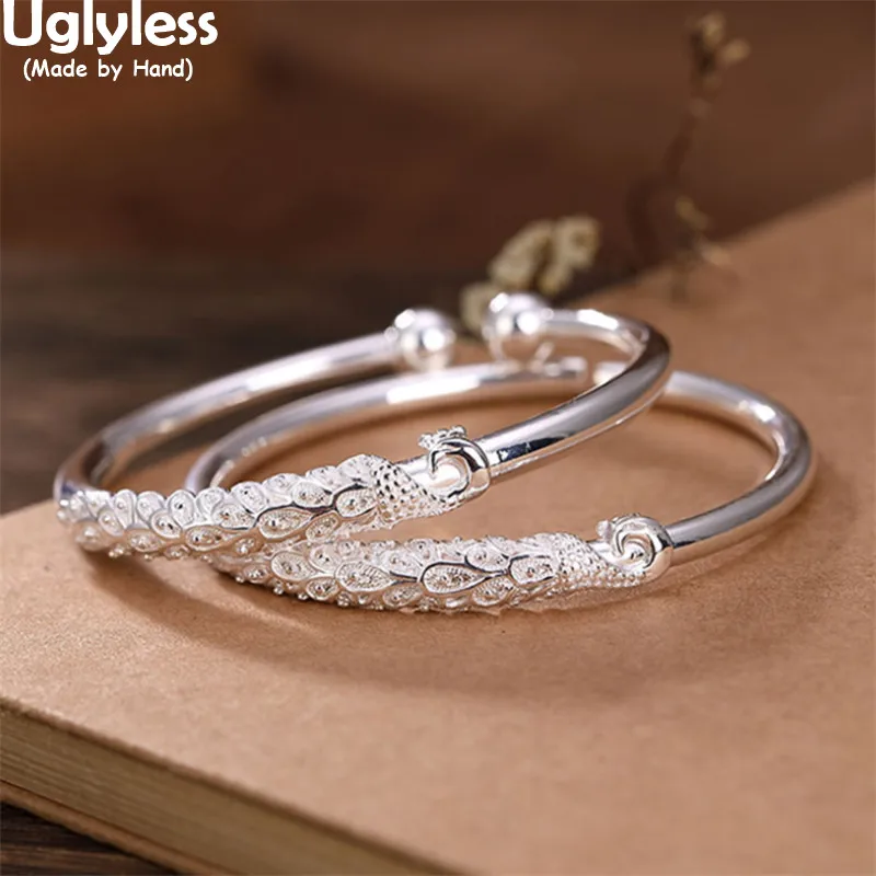 

Uglyless New Arrival Ethnic Vintage Peacock Bangles for Women Real 999 Pure Silver Animals Open Bangles Glossy Silver Jewelry