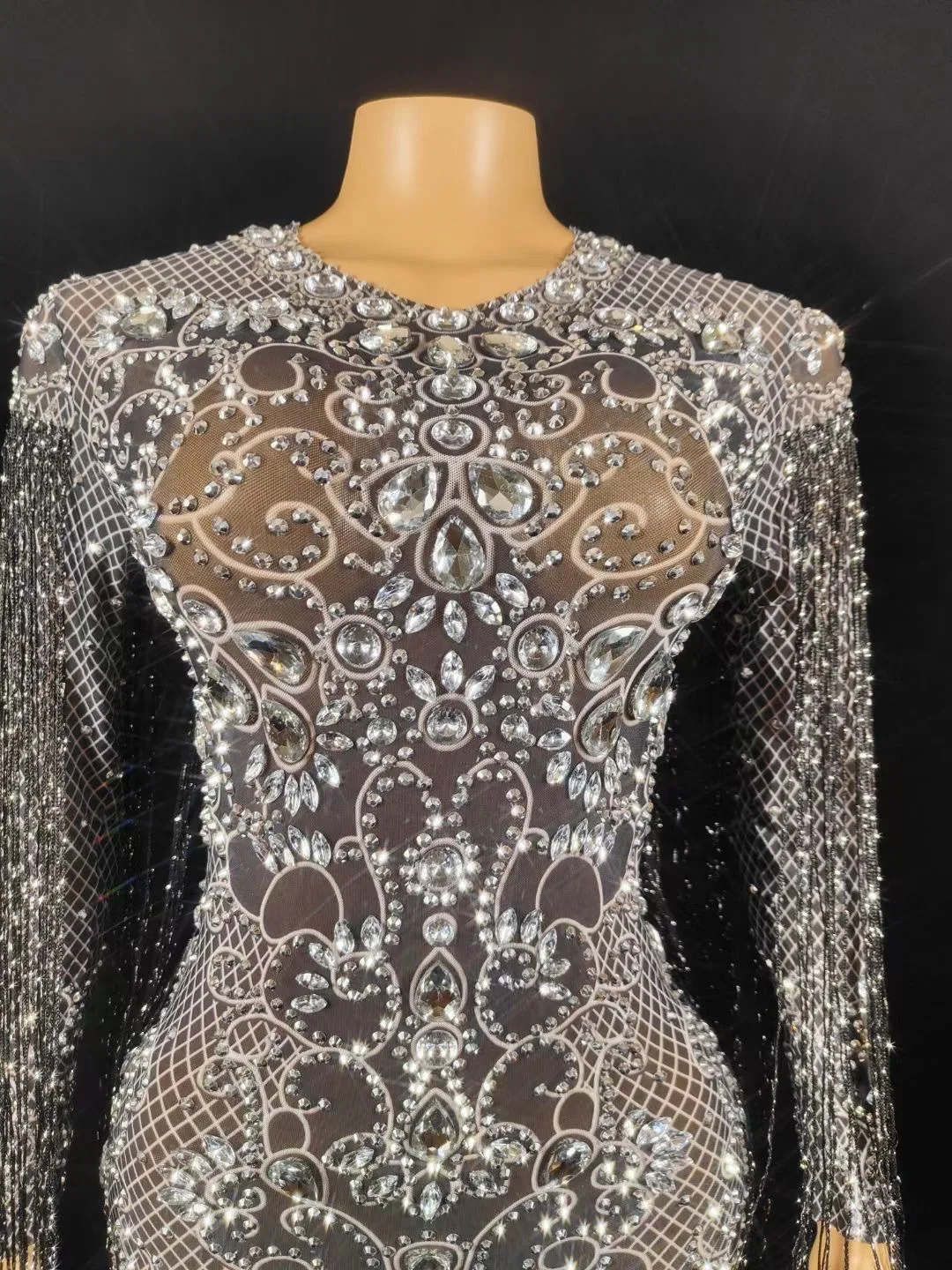 Luxury Rhinestone Fringed Stretch Dress Sexy Bar Stage Performance Costume Vestidos De Mujer Elegantes Para Fiesta Sheer Dresses
