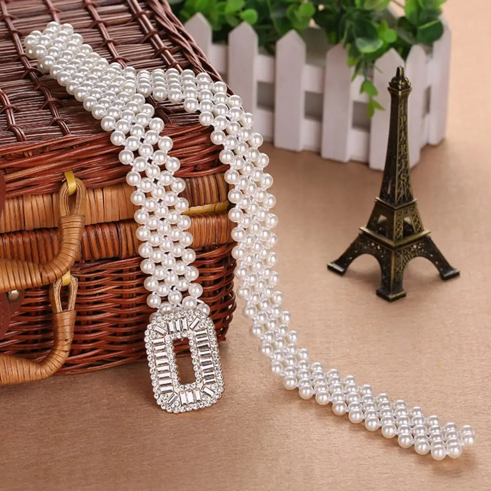Fashion Casual Versatile Trouser Dress Belts Elastic Pearl Belt Thin Waist Strap Metal Buckle Waistband Women Decorative Belt