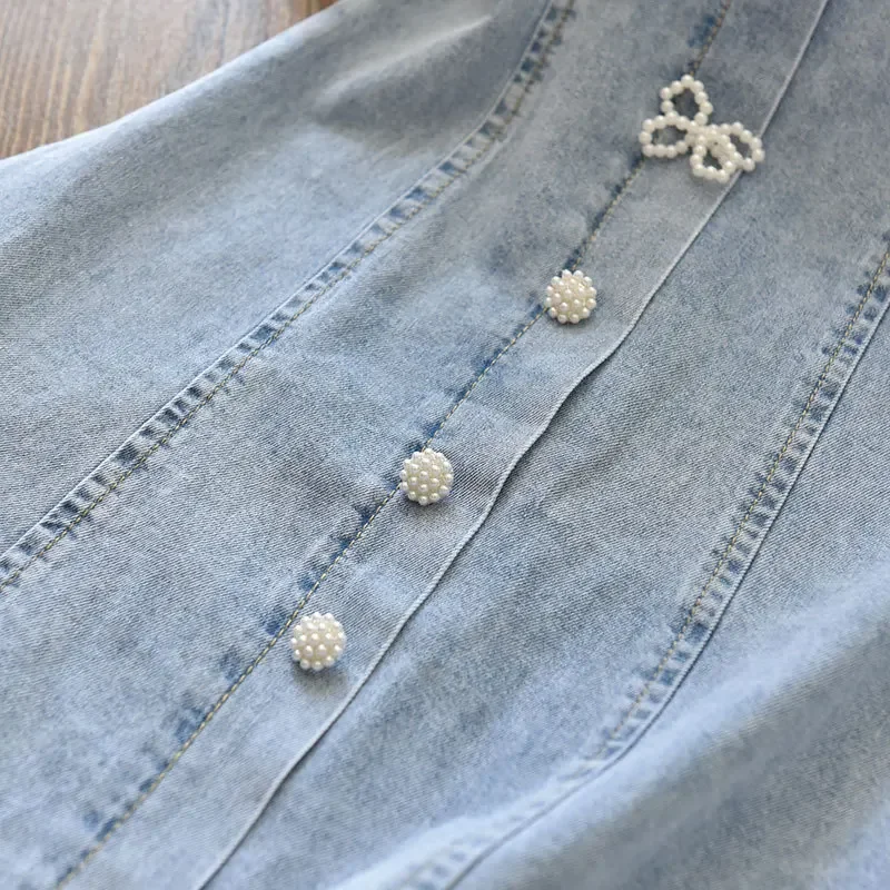 Children Girls Beads Lace Sleeve Denim Dress Toddler Fashion Summer Dresses