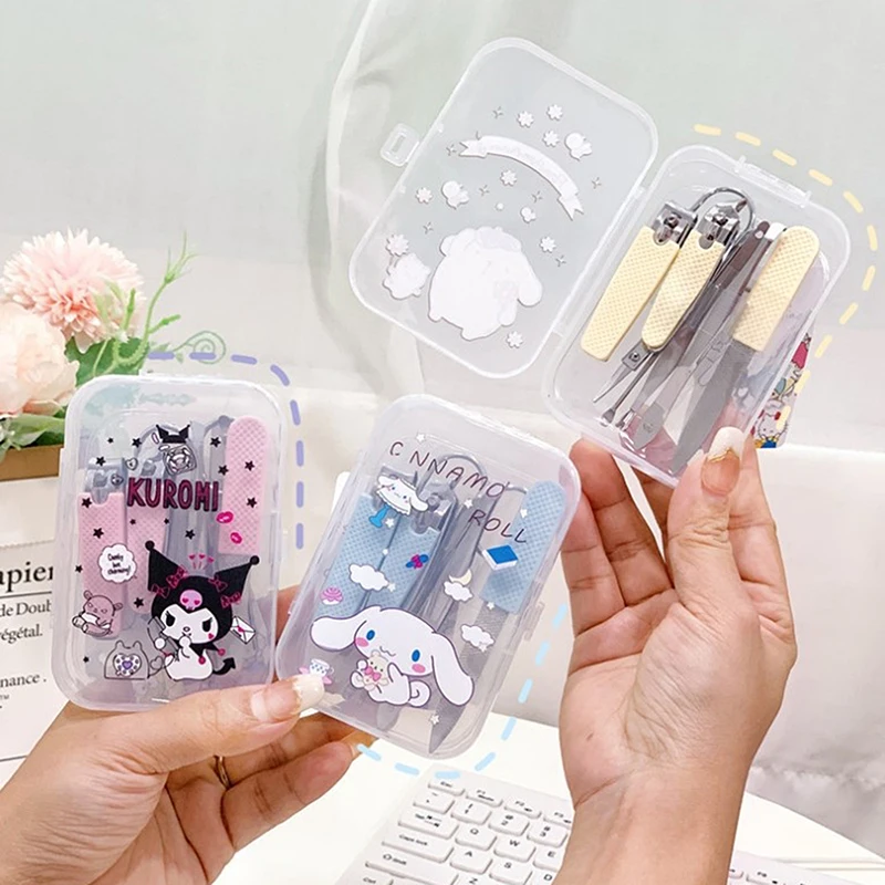 Sanrio Manicure Set Com Caixa De Armazenamento, Cortadores De Unhas, Lixa De Unhas, Ferramenta De Limpeza, Kawaii, Cinnamoroll, Kuromi, Minha Melodia, Desenhos Animados