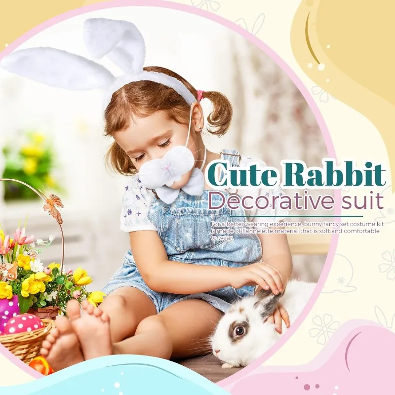 Conjunto de disfraz de conejito de Pascua - Orejas de peluche, pajarita, nariz y cola - Cosplay de fiesta de Halloween para niños y niñas