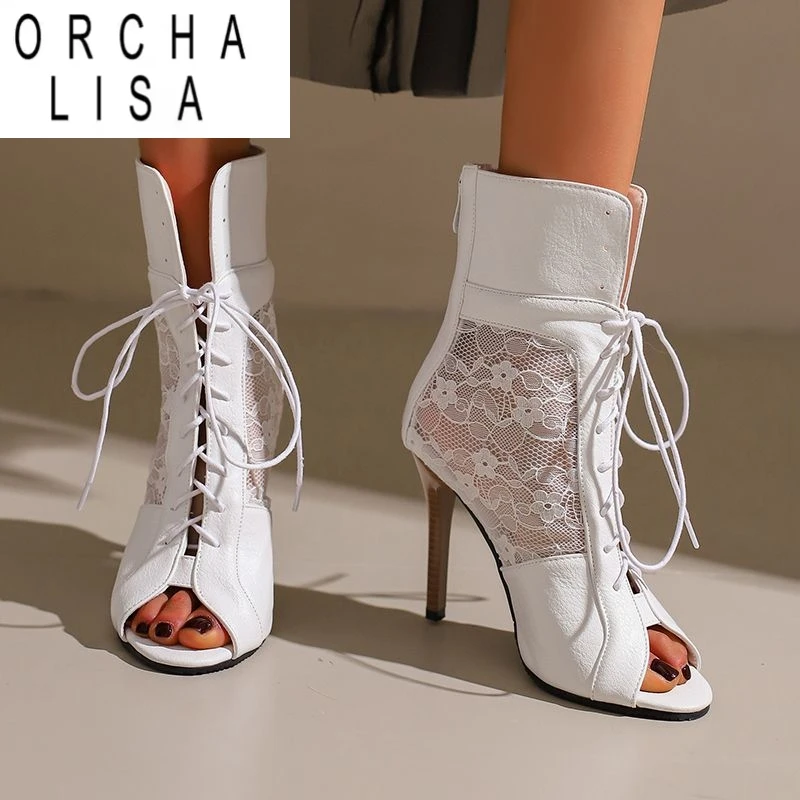 

ORCHA LISA Design Women Summer Boots Open Toe Stiletto 11cm Zipper Lace Up Mixed Color Plus Size 48 49 50 Sexy Fashion Party Bot