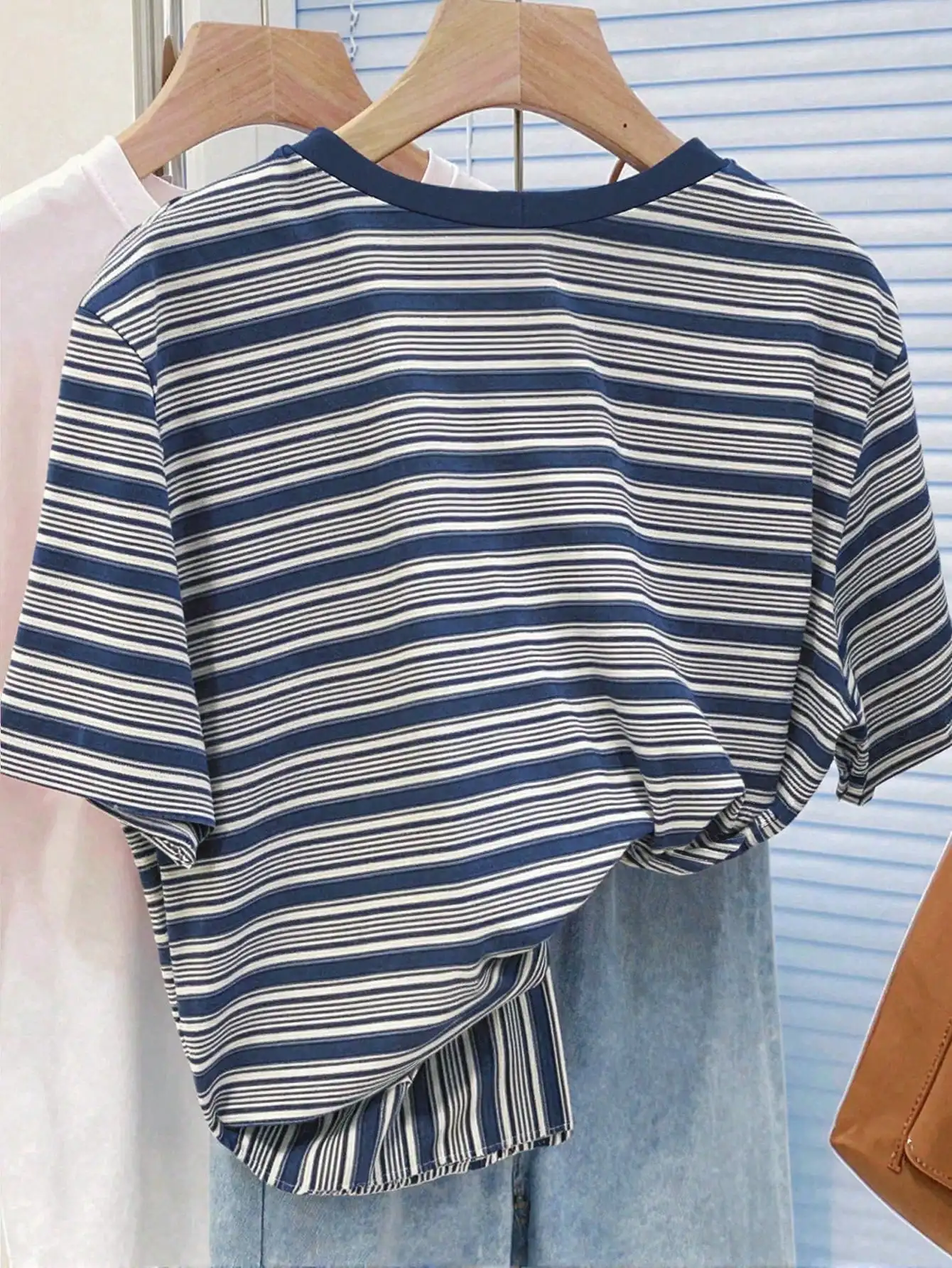 2026 New Women Blue White Thin Striped Oversized T-Shirt, Fall Loose Short Sleeve Crew Neck Top, Soft Faux Cotton Casual Blouse