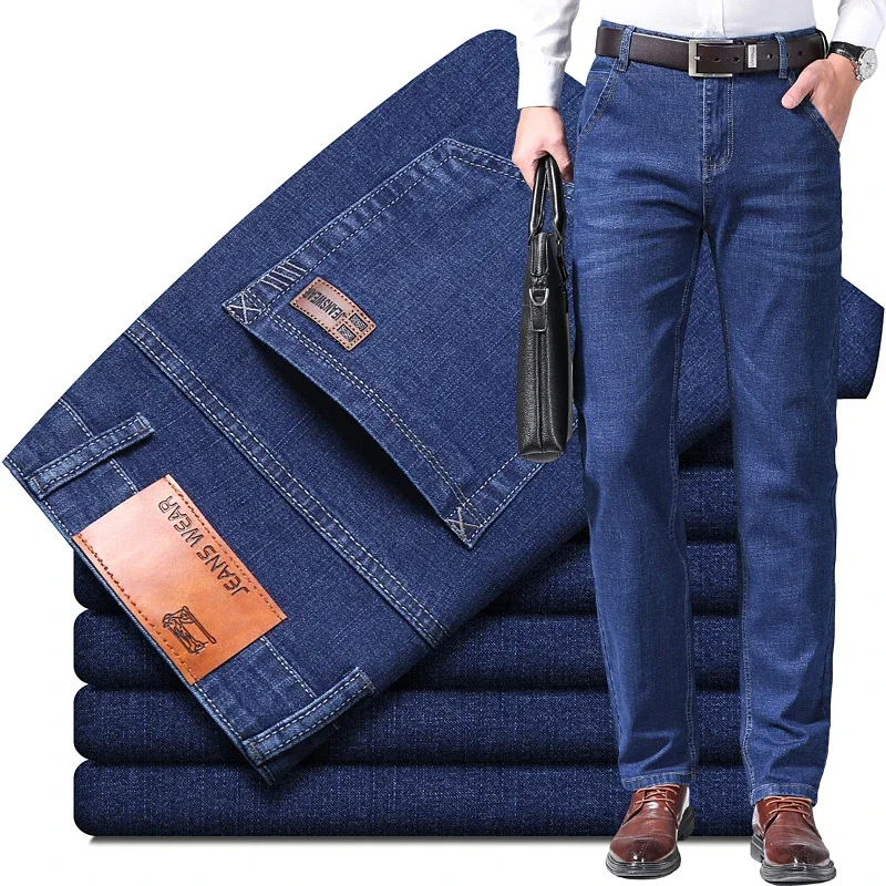 Pantalones de mezclilla de trabajo clásicos para hombre, Jeans de negocios, cómodos, informales, rectos, elásticos, ropa de marca de moda, azul y